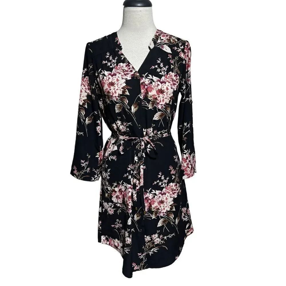 41 Hawthorn Long Roll Tab Sleeve Floral ShirtβDressβSizeβXS